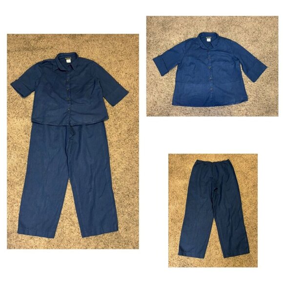 HARVE BENARD Linen Navy Top & Pant Set Resort Wear Minimalist Travel Beach XL - Picture 1 of 15